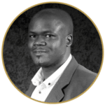 Lovemore Ndlovu, a professional man, smiling in a black and white headshot, framed in a golden circle - bona fide non-resident